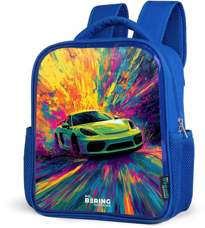 NoBoringSuitcases.com® - Rugzak blauw - Schooltas jongens - Sportwagen - Explosie - Kleurrijk - Verfstrepen - Kinder rugtas jongen - Boekentas kind - Kinderrugzak voor school - Schoolrugzak