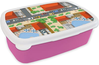 Broodtrommel Roze - Lunchbox - Brooddoos - Auto - Patronen - Wegen - Steden - 18x12x6 cm - Kinderen - Meisje