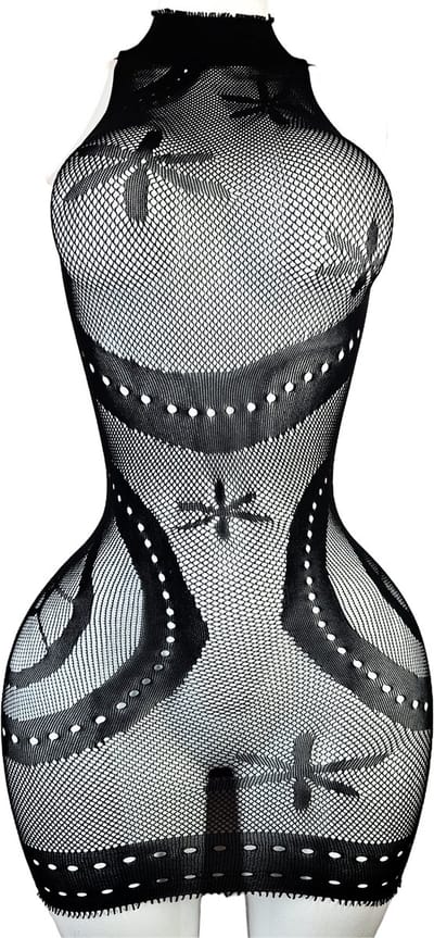 BamBella® - Jurk - Onesize - Erotische sexy nacht jurkje Zwart doorzichtig kant - Super Stretch met col