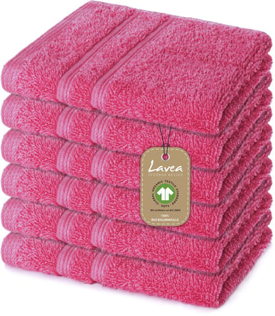 Lavea® 6 Wasdoekjes 30x30 cm van 100% biologisch katoenen badstof, zacht en absorberend, voor thuis, hotel en spa – ook ideaal als gezicht- en handdoekje – Roodpaars