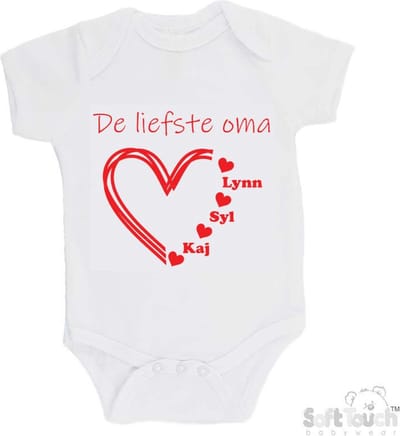 100% katoenen Romper "De liefste oma met de namen van 3 kleinkinderen" Unisex Katoen Wit/rood Maat 56/62