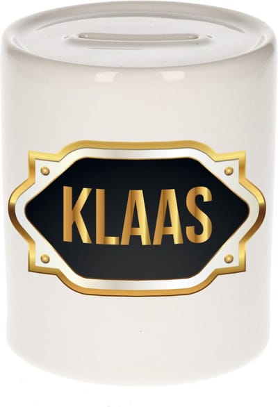 Spaarpot met voornaam Klaas - wit - met goud/zwart embleem - 8 x 9 cm - keramiek - met afsluitdop - cadeau verjaardag