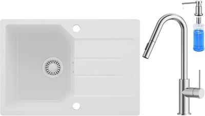 Anycee MAX Granieten Spoelbak 65x45CM - Spoelbakken Keuken Wit - Wasbak Keuken Met Keukenkraan met uittrekbare uitloop en Zeepdispenser - Spoelbak Met Planchet en Afdruiprek - Spoelbakken Incl. Sifon en Afvoerzeefje