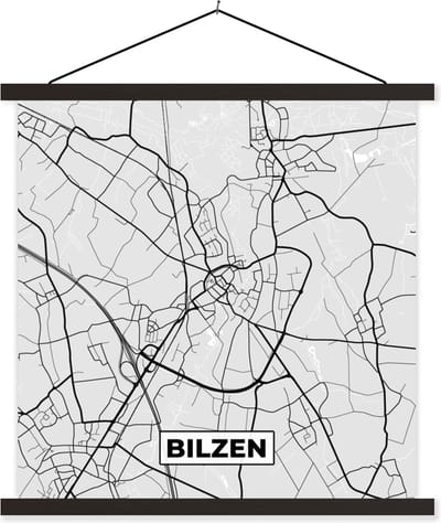 Posterhanger incl. Poster 60x60 cm - Schoolplaat - Plattegrond – Bilzen – Zwart Wit – Stadskaart - Kaart - Textielposter - Zwarte latten - Stadskaart