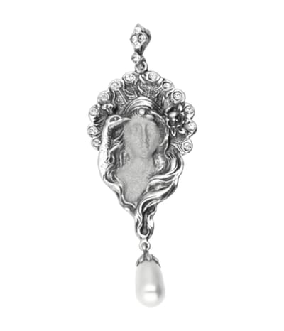Zilveren Vrouwengezicht met swarovski en parel Art Nouveau Jugendstil XL hanger