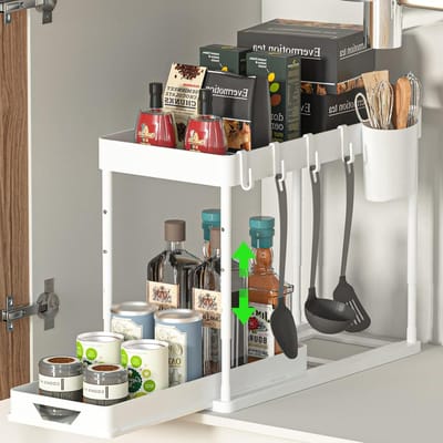 Ondergootsteenrek - Keuken organizer - Ruimte besparen - Verstelbare hoogte - 2-laags - Wit