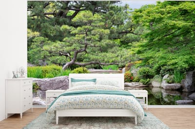 Behang - Fotobehang Japans - Natuur - Water - Stenen - Bomen - Breedte 350 cm x hoogte 260 cm