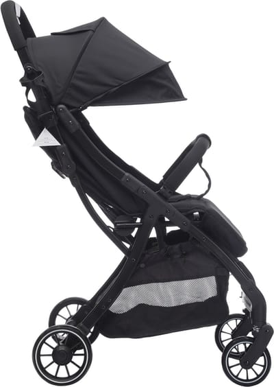 Cabino® Buggy Compact PLUS + Makkelijk Inklapbaar - Geschikt Voor Vliegtuig (Handbagage) & tot 22kg Wandelwagen Buggy Met Verstelbare Rugleuning en Grote Boodschappenmand Inclusief Reishoes & Bekerhouder – Zwart