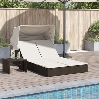 vidaXL - Ligbed - 2-persoons - met - luifel - en - kussens - poly - rattan - bruin