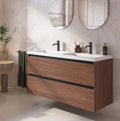 Saqu Gaia badmeubel incl. dubbele glans witte wastafel 120x51x64cm noten urban – zwarte greeplijst