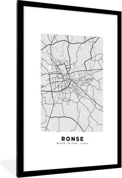 Fotolijst incl. Poster Zwart Wit- Plattegrond – Ronse – Zwart Wit – Stadskaart - Kaart - 60x90 cm - Posterlijst