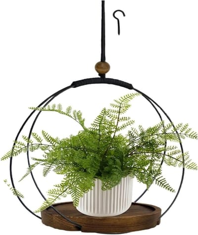 Set van 4 hangende plantenhouders voor kamerplanten met stevige houten basis en zwart metalen frame, ideaal voor muur en plafonddecoratie