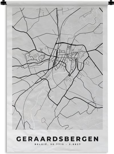 Wandkleed - Wanddoek - Stadskaart – Zwart Wit - Kaart – Geraardsbergen – België – Plattegrond - 120x180 cm - Wandtapijt