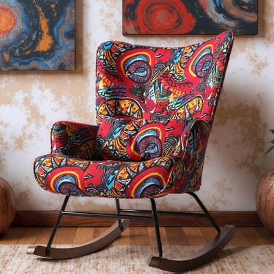 HomeMiYN Schommelstoel – Linnen Look Zonnebloem Design Rocking Chair – Gele Bloemen Fauteuil – Comfortabele Wipstoel met Hoge Rugleuning voor Woonkamer en Slaapkamer