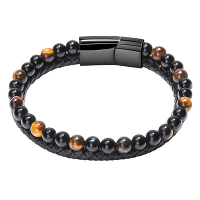 Fako Bijoux - Leren Natuurstenen Armband Heren - Zwart Leer - Zwarte & Tijgeroog Natuursteen - 6mm - 21cm - Zwart/Tijgeroog