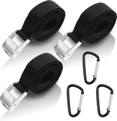 3 meter spanbanden 3 stuks - roestvrij metaal - 200 kg belasting - verstelbare ratelriem - inclusief aluminium karabijnhaken - voor bagage, kajak, surfplank, bouwmaterialen - zwart