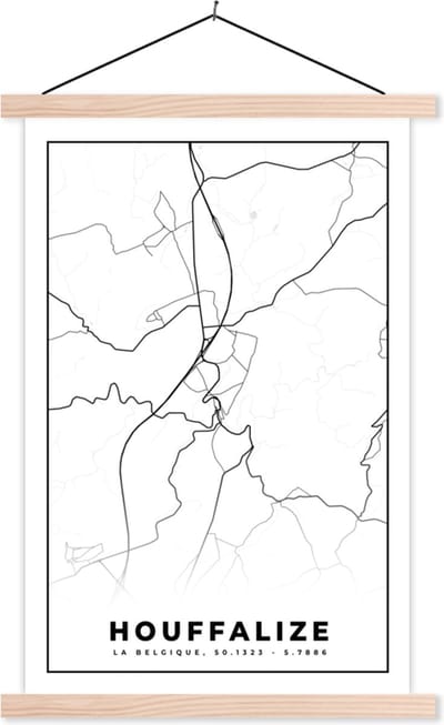 Posterhanger incl. Poster 40x60 cm - Schoolplaat - België – Houffalize – Stadskaart – Kaart – Zwart Wit – Plattegrond - Textielposter - Blanke latten - Stadskaart