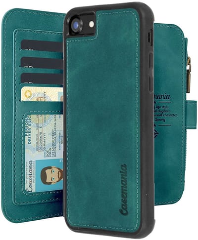 CaseMania Bookcase hoesje geschikt voor Apple iPhone SE (2022)/SE (2020)/8/7 - Effen Groen - Kunstleer - Portemonnee met 14 Vakjes voor Pasjes en Ritsvak