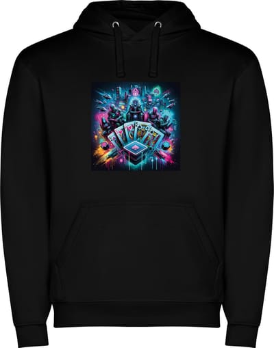 Zwarte unisex hoodie met “ Kleurrijke Kaartspel – Speelkaarten – Futuristisch – Harten – Schoppen – Klaver – Ruit “ Print Full Color Color merk Roly maat S