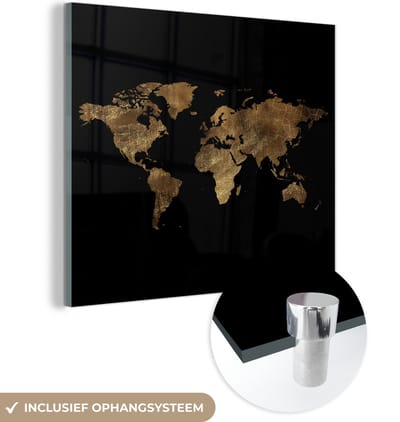 MuchoWow® Glasschilderij 20x20 cm - Schilderij acrylglas - Wereldkaart - Bruin - Vintage - Foto op glas - Schilderijen