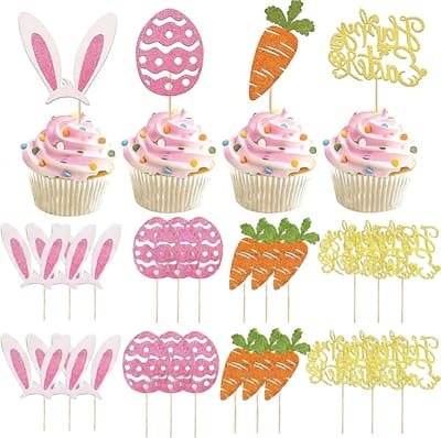 Taartdecoraties voor Pasen: 24 stuks paashaas en wortel, perfect voor cupcakes, muffins en kinderfeestjes