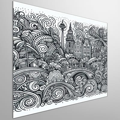 Doodle amsterdam schilderij | Amsterdamse dwaalschildering: een levendige verbeelding van de stad | Kunst - 30x30 centimeter op Dibond | Foto op Dibond