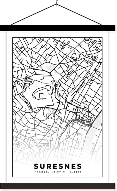 Posterhanger incl. Poster 40x60 cm - Schoolplaat - Kaart - Stadskaart - Suresnes - Frankrijk - Plattegrond - Zwart wit - Textielposter - Zwarte latten - Stadskaart