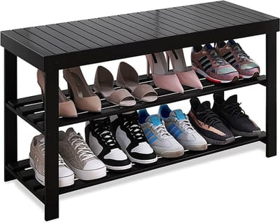 Bamboe Schoenenrek Bank met 3 Niveaus - Schoenen Organizer met Zitfunctie - Opbergbank voor Hal, Badkamer en Woonkamer - Zwart
