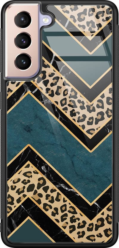 Hoesje geschikt voor Samsung Galaxy S21 - Luipaard zigzag - Luxe Glazen Hardcase - Luipaardprint - Multi