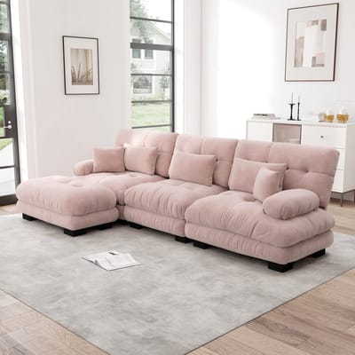Luxe Modulaire L-Vormige Wolkensofa - Chenille Bekleding - Roze - Inclusief Hocker - Diepe Zit - Geschikt Voor Diepe Slaap