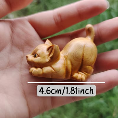 Handgesneden Houten Kitten Beeldje - Levenssechte Miniatuur Kat Decoratie, Geen Elektriciteit Nodig, Handgemaakte Houtkunst voor Thuis & Kantoor Bureau, Perfect Cadeau brown