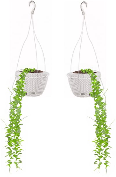 Prosperplats Hangende bloempot/plantenpot Splofy - 2x - wit - kunststof - 23 cm - met schotel - tuin hangdecoratie