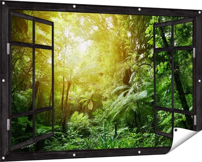 Gards Tuinposter Doorkijk Tropische Jungle met Zonneschijn - 150x100 cm - Tuindoek - Tuindecoratie - Wanddecoratie buiten - Tuinschilderij