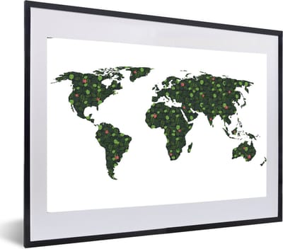 Poster in lijst - Fotolijst 60x40 cm - Posters - Wereldkaart - Tropische Planten - Wit - Posterlijst zwart - Decoratie - Wanddecoratie woonkamer - Muurdecoratie slaapkamer