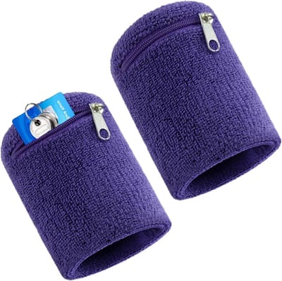 Allecto Plus - Polszweetband met tas 2 stuks - Sportpolsband met ritszak - Voor voetbal basketbal en tennis - Paars