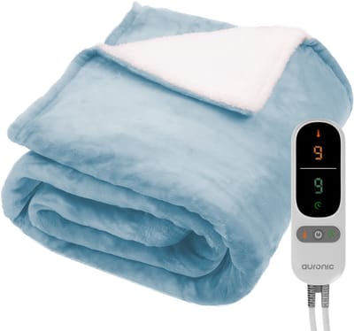 Auronic Elektrische Deken - 200 x 180 cm - 2 Persoons Warmtedeken - 9 Warmte en Timerstanden - Verwarmingsdeken - Sherpa Fleece - Lichtblauw