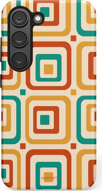 Casetastic hoesje geschikt voor Samsung Galaxy S23 - Dubbellaagse bescherming - Retro Vierkant verlangen - Fashion Case - Crème Terracotta Goud Turquoise