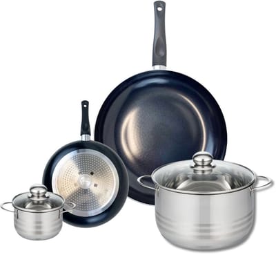 Set van 2 Koekenpannen 20 en 32 cm en 2 kookpotten 12 en 24 cm Elo Prima Glanzend