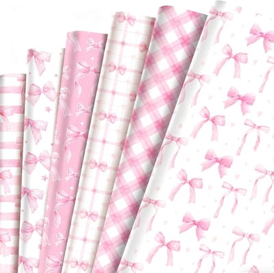 VHV - Inpakpapier - 12 - stuks - Cadeaupapier met strikmotief - Roze pakpapier voor verjaardag babyshower en DIY knutselen