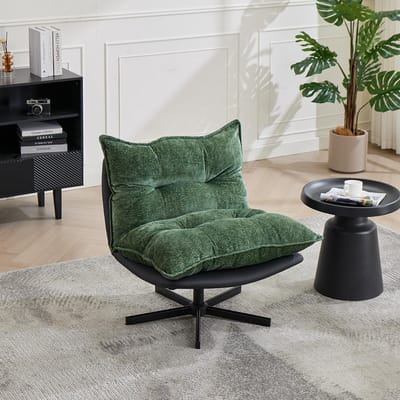 BLACKCOLORS Draaibare relaxfauteuil met in 3 standen verstelbare rugleuning (95°/110°/125°) – poten van zwart metaal, krasbestendig kunstleer, chenille bekleding en vulling van traagschuim, 360° draaifunctie in groen