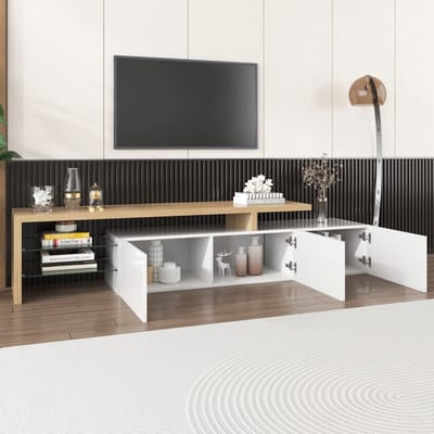 MODENUIT Tv-meubel - Met Ledverlichting En Glasplanken - Voor Woonkamer - Mdf En Glas - 197,5x39x42 Cm - Wit