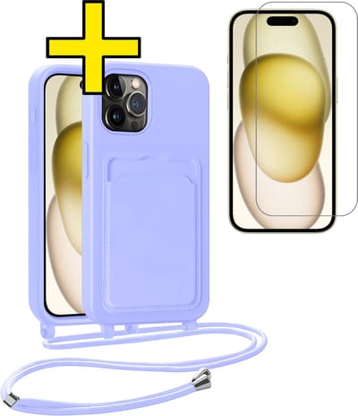 Hoesje Geschikt voor iPhone 14 Pro Telefoonhoesje Met Koord Case Pashouder Met Screenprotector Siliconen - Hoes Geschikt voor iPhone 14 Pro Hoesje Met Kaarthouder - Lila