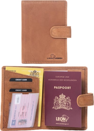 LeonDesign - Paspoort Hoesje - Bruin Vintage Leer - Handgemaakte Card holder - Paspoorthouder met 5 pasjes