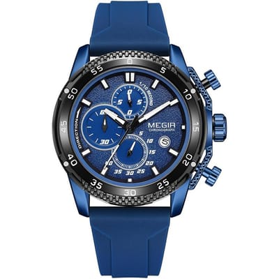 MEGIR Heren sport analoge chronograaf lichtgevende quartz horloges met stijlvolle siliconen band voor geschenken 2211 blauw