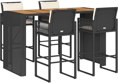 vidaXL - 5-delige - Tuinbarset - met - kussens - poly - rattan - acacia - zwart