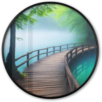 Poster in lijst Rond - Fotolijst 60x60 cm - Posters - Brug - Water - Rivier - Bos - Ronde posterlijst zwart - Decoratie - Wanddecoratie woonkamer - Muurdecoratie slaapkamer