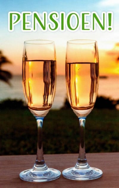 Met pensioen! Van harte gefeliciteerd! De champagne is al ingeschonken. Neem lekker de tijd om te genieten! Een bijzondere kaart om zo te geven of om bij een cadeau te voegen. Een dubbele wenskaart inclusief envelop en in folie verpakt.