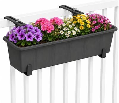 Geli Plantenbak Balcony - antraciet - met metalen ophangbeugels van zelfde kleur - 60 x 18 x 15 cm - hard kunststof - langwerpig