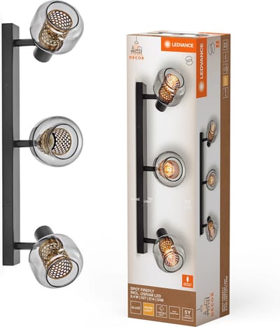 LEDVANCE Decor Spot Firefly lamp zwart in industriële stijl, 3 x 2,8 W, 750 lm, 2700 K, behuizing van metaal en glas, E14-fitting, eenvoudige montage, dimbare OSRAM-lamp inbegrepen.