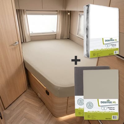 Textielpakket Frans bed - 1 molton met 2 hoeslakens - links- 1 x Zandkleur + Antraciet